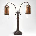 Handel double student lamp with hammered metal and mica shades meriden ct early 20th c patinated metal unmarked overall 24 x 20 dia