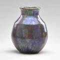 Pewabic vase in iridescent lavender green and light blue glazes detroit mi illegible mark remnants of paper label 6 34 x 4 34 dia