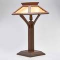 Arts and crafts table lamp with four panel caramel slag glass shade mounted to carved oak base usa ca 1915 unmarked 24 x 12 14 sq