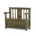 Continental settle walnut with spindle back 17th c panel inscribed jhs 40 x 47 12 x 21
