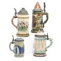 Mettlach steins four early 20th c no 2382 signed schlitt no 2140 with university of pennsylvania athletes and logo no 2440 capodimonte style in relief and no 2608 cameo tallest 9