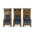 Arts and crafts lodge chairs three in oak each with leaded glass panels reading brotherly love justice and charity crushed velvet seat and back cushions early 20th c 70 x 35 x 31