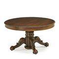 Pedestal base dining table mahogany with circular top rope turned edge and acanthus carved ball and claw feet 20th c with six leaves 30 x 54 dia