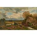 European landscape oil on canvas mill scene 19th c framed signed illegibly 30 x 48
