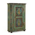 Scandinavian painted armoire single cupboard paneled door painted with floral bouquets date 1854 to front 73 14 x 50 12 x 19 12