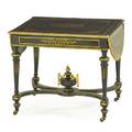 Napoleon iii bronze inlaid ebonized sofa table single drawer bronze mounts inlay with foliate scrolls and strapwork ca 1880 28 12 x 33 14 x 26 34