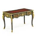Louis xv style boulle inlaid bureau plat gilt metal mounts leather inset top above three drawers cabriole legs 20th c 32 x 50 12 x 28