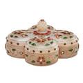 Mughal style white jade covered box quatrefoil design set with gold set foil back pastes 20th c 2 12 x 4 12