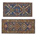 Caucasian oriental rugs two with geometric design on blue ground 20th c larger 80 x 43