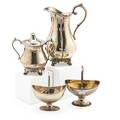 American or english silver and silver plate four items 18th20th c dominick  haff swing handled sterling sugar bowl baldwin  co coin silver footed water pitcher robert hennell swing handled s