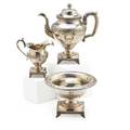 Phildelphia coin silver three items by john owens ca 18041840 urn form coffee pot on square pedestal foot baluster form cream pitcher on square base and bowl on square stand with chased vine rim