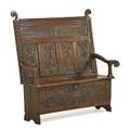 English william and mary carved settee oak with carved panels hinged seat 18th c 56 34 x 52 x 29