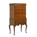 American queen anne highboy twopiece in fruitwood with teardrop pulls and pad feet 18th c 70 12 x 31 12 x 21