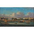 Chinese export painting oil on canvas of canton harbor 19th20th c framed marked illegibly 17 38 x 29 78