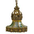 Renaissance style bronze chandelier paneled glass sides with lion mask decoration ca 1910 39 x 30 dia