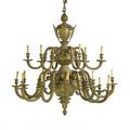 Massive gilt metal american baroque style chandelier four cartouches depicting the purchase of manhattan island above two tiers of curved candle arms 20th c 54 x 55 dia