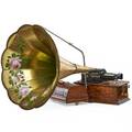 Edison home cylinder phonograph with floral decorated morning glory horn early 20th c serial no 238773 12 x 17
