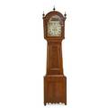English grandfather clock mahogany case eight day time and strike movement early 19th c 84 12 x 20 12 x 10 12