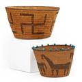 Pima woven baskets two with horse and geometric design and bead accents early 20th c larger 10 dia