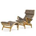 Bruno mathsson 1907  1988 firma karl mathsson pernilla lounge chair and ottoman sweden 1970s laminated beech canvas brass leather branded chair 38 12 x 33 12 x 38 ottoman 17 x 24