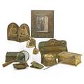 Tiffany studios thirteen desk set pieces new york 1900s pine needle jewelry box with velvetlined trays picture frame and scale venetian cigarette box zodiac letter holder letter opener and p