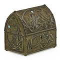 Style of alfred daguet small art nouveau casket with lotuses ca 1905 repousse brass glass cabochons wood fabric unmarked 5 12 x 6 x 4