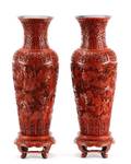 Pair of Ornate 19th C Cinnabar Vases on Stands