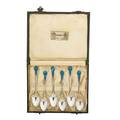 Archibald knox attr 1864  1933 liberty set of six demitasse spoons in original box england ca 1900 sterling silver enamel stamped lc with touchmarks 3 34 x 34