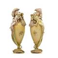 Eduard stellmacher 1868  1929 riessner stellmacher  kessel pair of amphora porcelain vases maidens with irises and dragonflies turnteplitz bohemia ca 1900 stamped amphora with crown 3 7