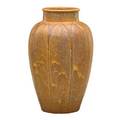 Grueby large vase carved with leaves fine curdled brown over green glaze boston ma ca 1905 circular pottery stamp and remnants of paper label 14 12 x 9