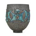 Edwin scheier 1910  2008 mary scheier 1908  2007 large coupe with figures and volcanic bronze and turquoise glaze green valley az ca 1980s signed sheier 10 12 x 8 12 provenance the