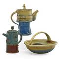 Robert winokur b 1933 glazed stoneware coffee pot and basket and porcelain coffee pot philadelphia pa 1970s coffee pots signed one dated tallest 11 12 x 11 x 6