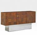 Milo baughman thayer coggin cabinet high point nc 1970s maple burl chromed steel unmarked 34 x 66 x 17 12
