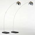 Arco style two similar floor lamps ca 1970s aluminum chromed steel enameled wood unmarked each as shown 86 x 73 x 12