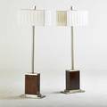 Contemporary pair of floor lamps 2000s walnut matte chromed steel fabric shades unmarked 62 12 x 20 x 12