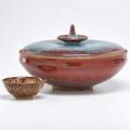 Howard kottler norman elwyn arsenault kottler stoneware bowl with brown flambe glaze and arsenault covered bowl massachusetts and ohio 1950s both signed larger 12 12 dia