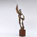Style of silas seandel  patinated brass abstract sculpture on a wooden base usa 1970s unmarked 39 12 x 5 sq