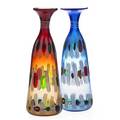 Anzolo fuga attr 19141988 possibly avem two glass vases red and blue with murrine and lattimo decoration murano italy second half 20th c unmarked 16 x 5 ea