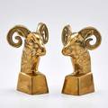 Rams head bookends pair in brass 1960s both unmarked each 7 x 4 12 x 4