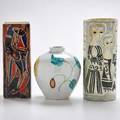 Marcello fantoni raymor three ceramic vases two cylindrical with figural decoration and one bulbous with foliate motifs italy 1960s all signed tallest 11 34