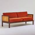 Baker sofa usa 1960s stained and lacquered wood cane velour unmarked 32 x 77 x 30
