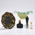 Glass etc group lot two black glass perfume bottles murano glass bowl and knife rest with encased gold foil together with black lacquered paper mache plate 20th c plate with illegible mark bo