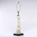 Alabaster carved table lamp with wooden base and polished brass fittings 20th c unmarked to finial 40 14