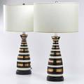 Decorative lighting pair of glazed ceramic table lamps decorated with black white and gold stripes brass fittings mid20th c unmarked to finial 28 14 x 6 14 dia
