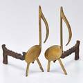 Andirons pair wth cast iron firedogs and brass music notes nashville 1960s both marked tenn chrome plate co 17 12 x 6 x 14 14