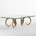 Style of tony duquette cocktail table with rams head supports usa 1950s brass glass unmarked 18 12 x 60 x 36