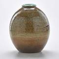 Maija grotell stoneware vase with brown speckled glaze bloomfield hills mi ca 1950 incised on base and cloth tape label 8 34