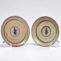 Otto and vivika heino two stoneware plates decorated with leaves ojai ca mid20th c one signed larger 7 14 dia