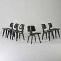 Charles and ray eames herman miller six dining chairs dcw usa 1990s black enamel over wood painted over metal tags each 28 12 x 19 12 x 22