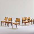 Peter hvidt  orla molgaardnielsen france  dave six dining chairs two arm and four side denmark 1960s stained and lacquered beech wool unmarked 33 x 25 x 22
